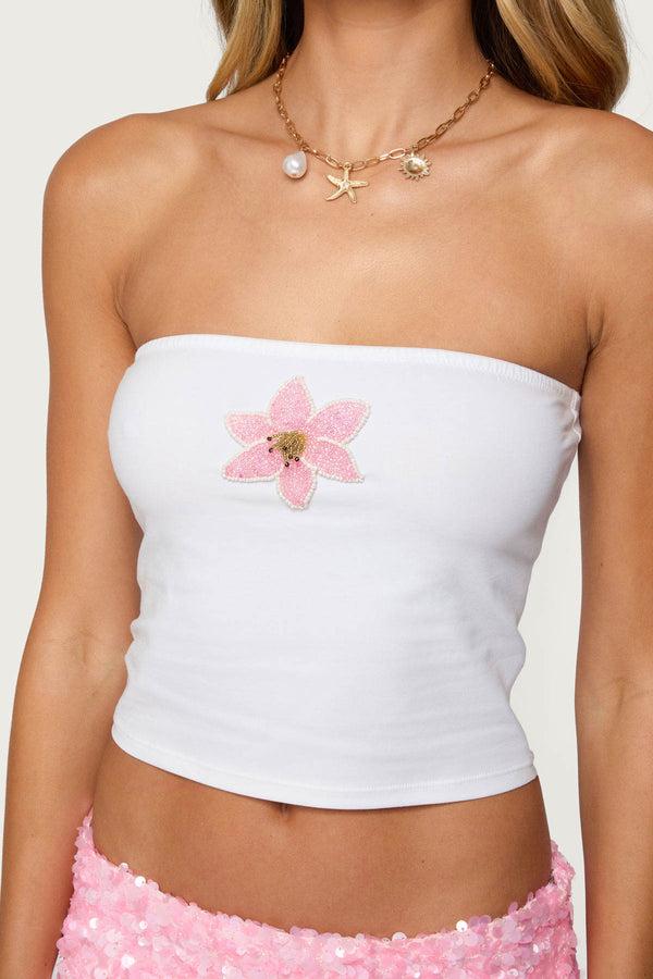 Edikted Luli Beaded Flower Tube Top White