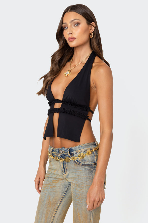 Edikted Luma Split Front Backless Halter Top Black