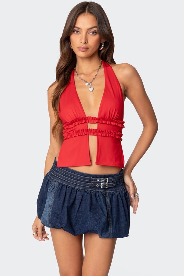 Edikted Luma Split Front Backless Halter Top Red