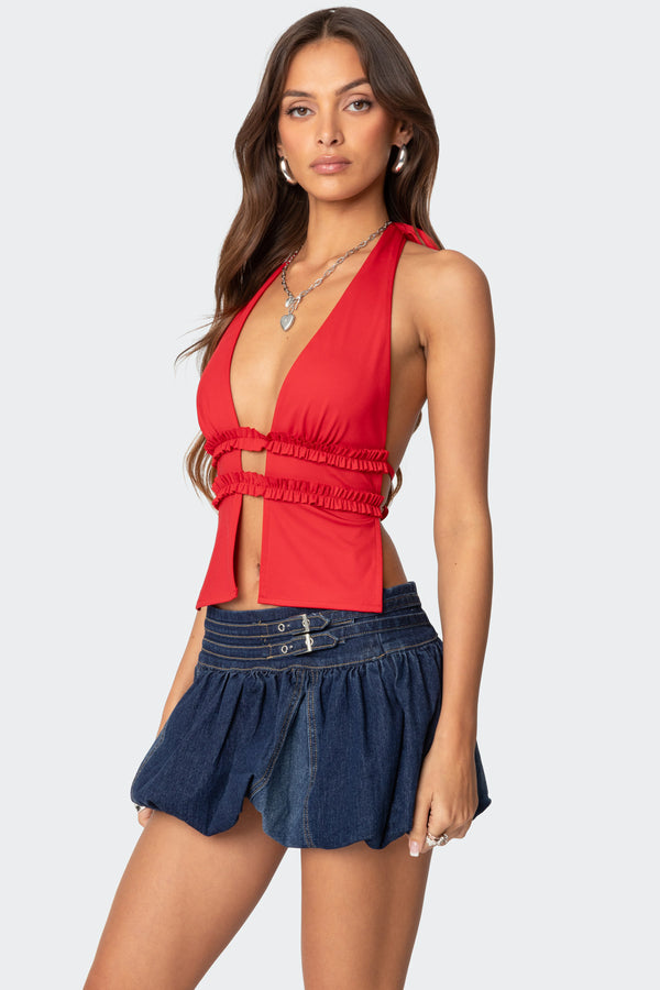 Edikted Luma Split Front Backless Halter Top Red