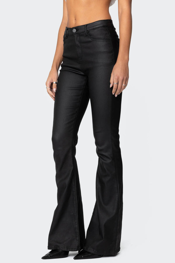 Edikted Luna Faux Leather Flare Jeans Black