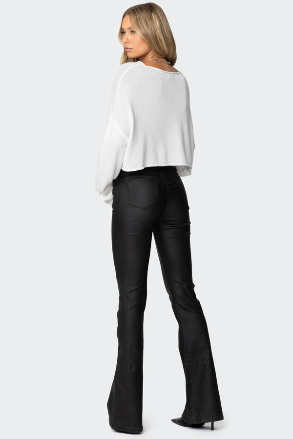 Edikted Luna Faux Leather Flare Jeans Black