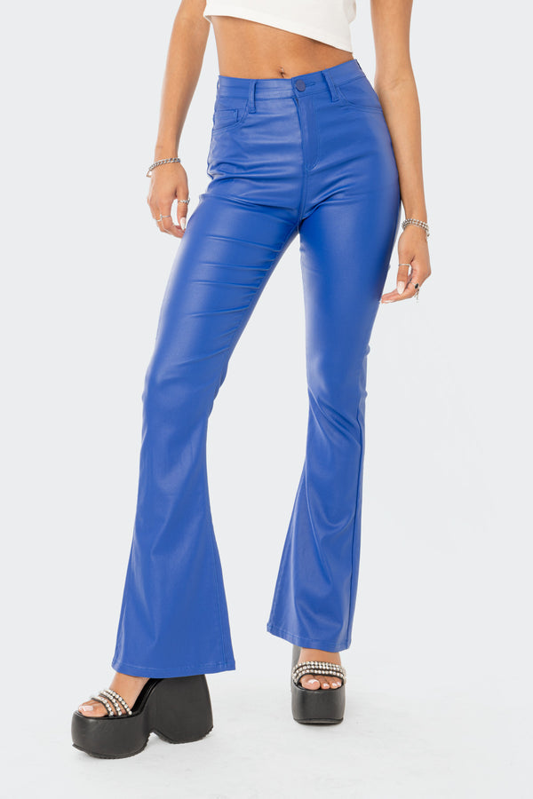 Edikted Luna Faux Leather Flare Jeans Blue