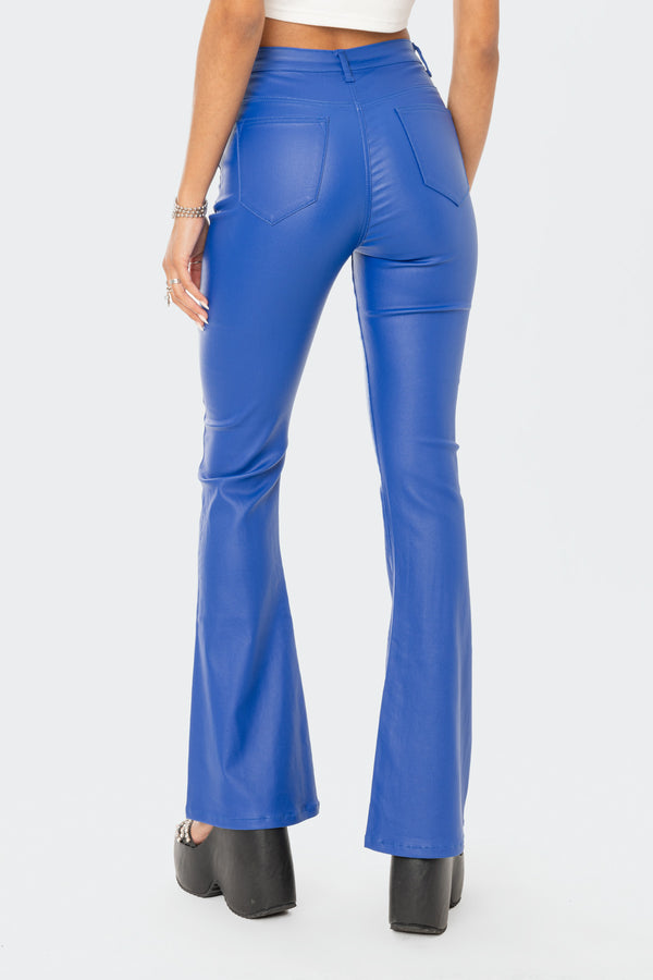 Edikted Luna Faux Leather Flare Jeans Blue