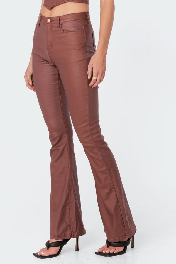 Edikted Luna Faux Leather Flare Jeans Brown