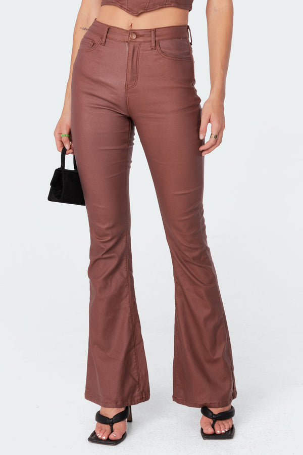 Edikted Luna Faux Leather Flare Jeans Brown