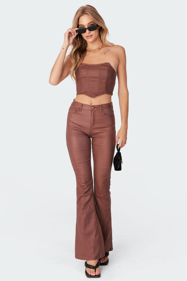 Edikted Luna Faux Leather Flare Jeans Brown