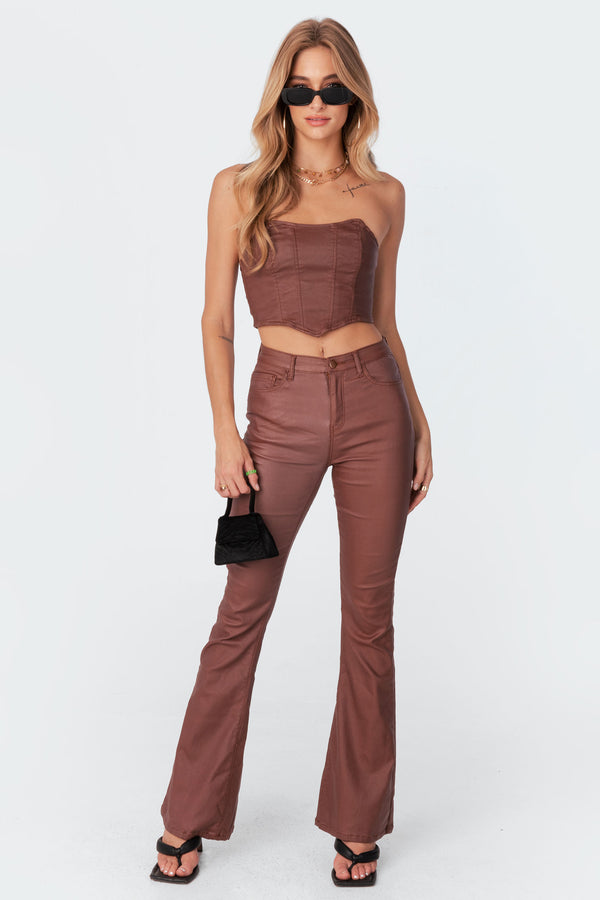 edikted Luna Faux Leather Flare Jeans brown