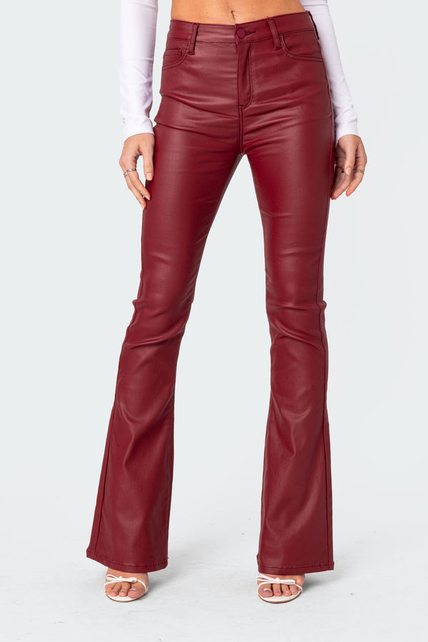 Edikted Luna Faux Leather Flare Jeans Burgundy