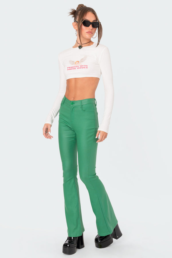Edikted Luna Faux Leather Flare Jeans Green