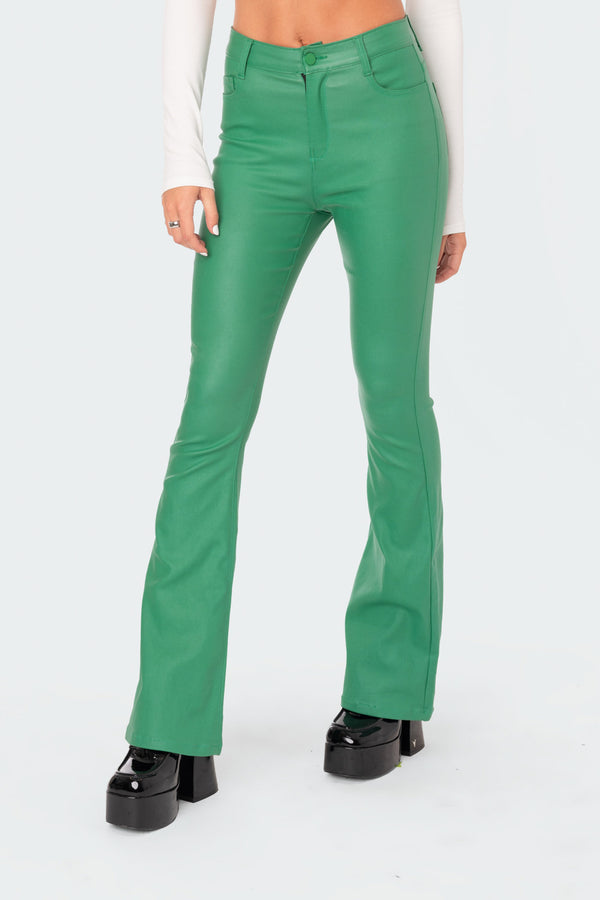 Edikted Luna Faux Leather Flare Jeans Green