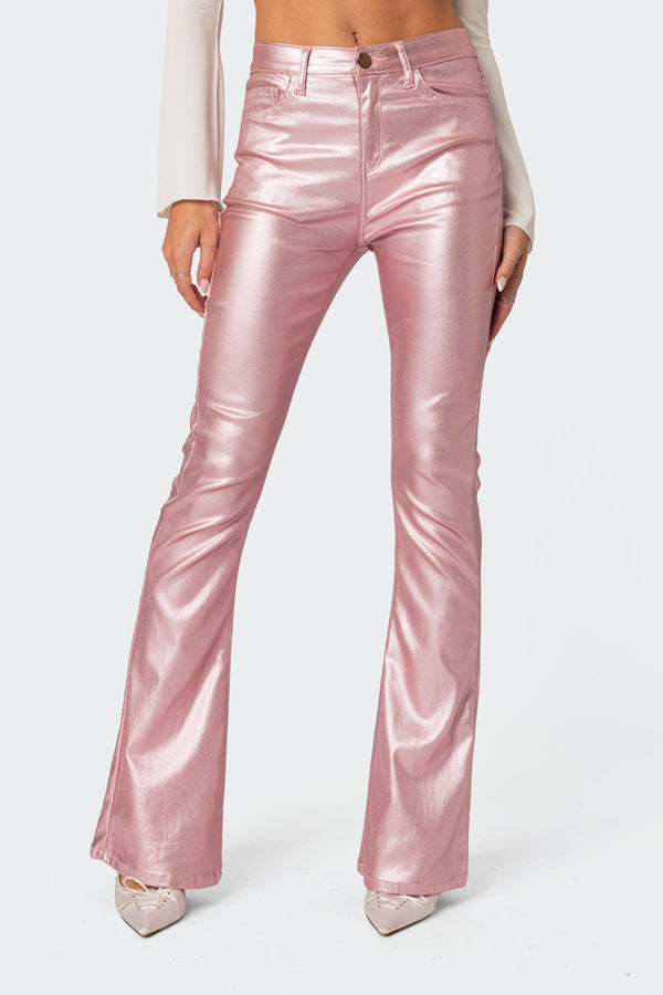 Edikted Luna Faux Leather Flare Jeans Metalic Pink