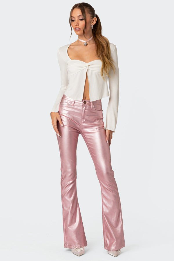 Edikted Luna Faux Leather Flare Jeans Metalic Pink