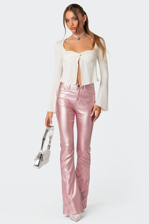 edikted Luna Faux Leather Flare Jeans metalic pink