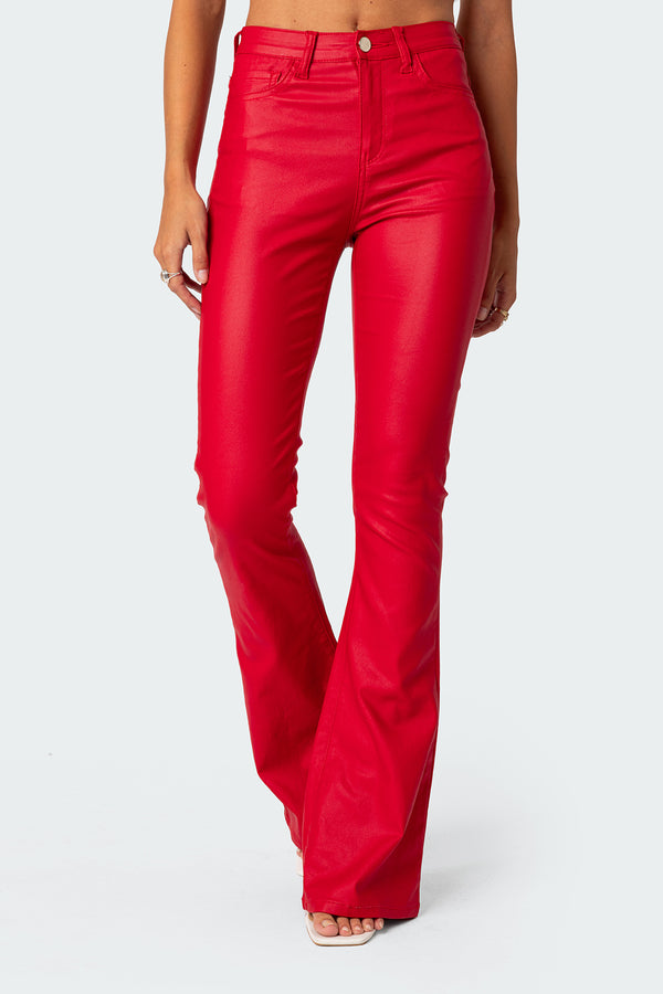 Edikted Luna Faux Leather Flare Jeans Red