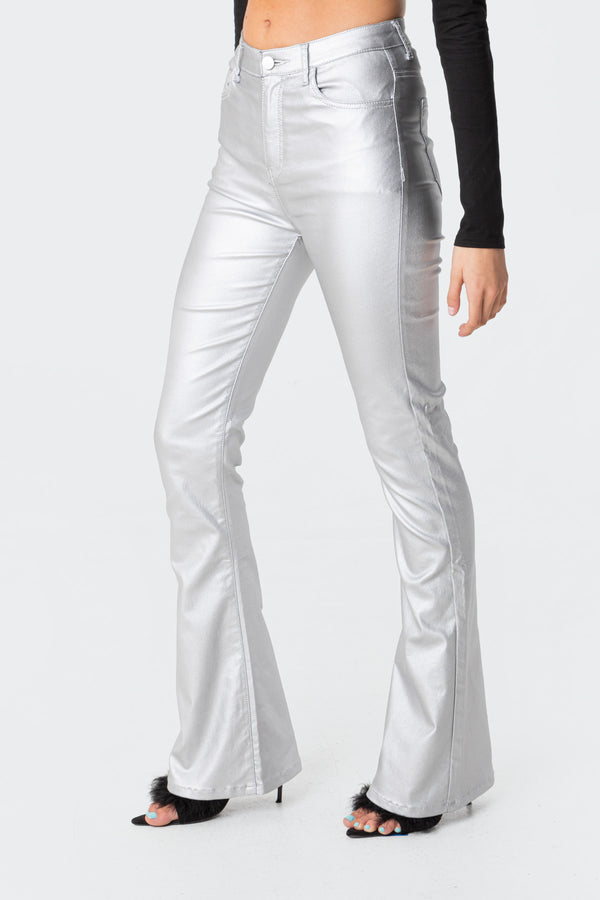 Edikted Luna Faux Leather Flare Jeans Silver