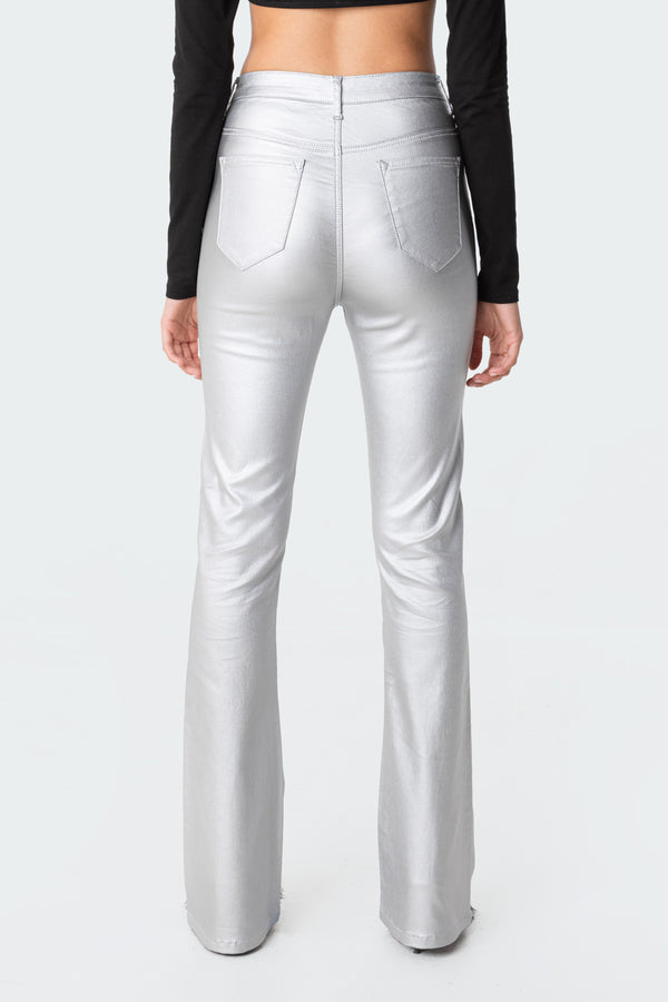 Edikted Luna Faux Leather Flare Jeans Silver