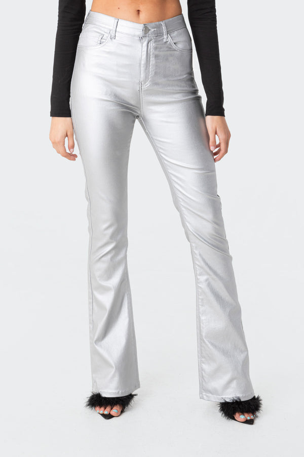 Edikted Luna Faux Leather Flare Jeans Silver