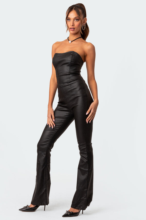 Edikted Luna Faux Leather Flared Jumpsuit Black
