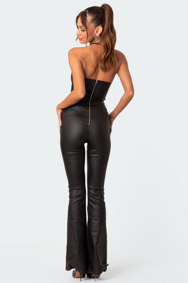 Edikted Luna Faux Leather Flared Jumpsuit Black