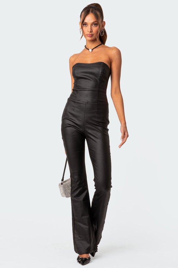 edikted Luna Faux Leather Flared Jumpsuit black