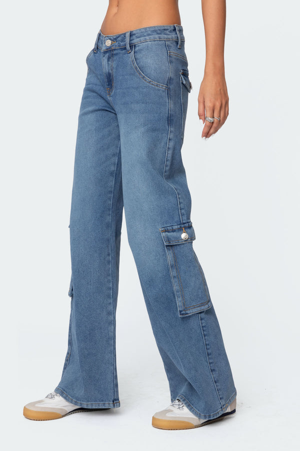 Edikted Lunar Low Rise Cargo Jeans Blue Washed