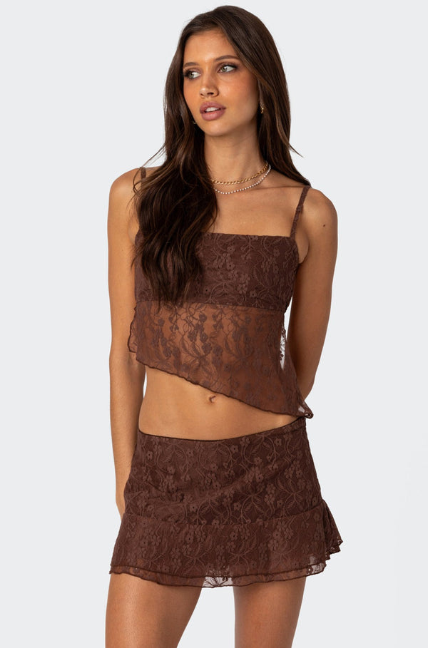edikted Lyra Open Back Lace Tank Top brown