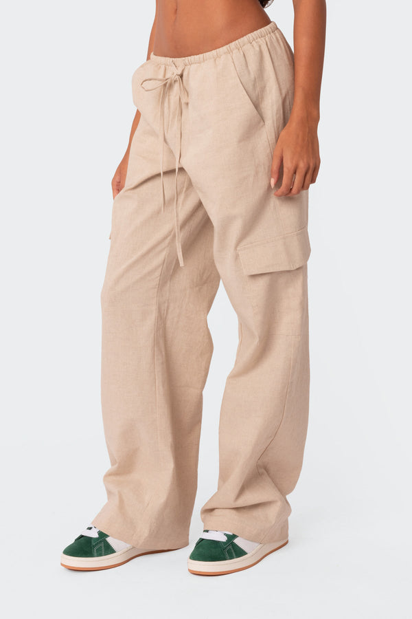 Edikted Lyric Linen Look Cargo Pants Beige