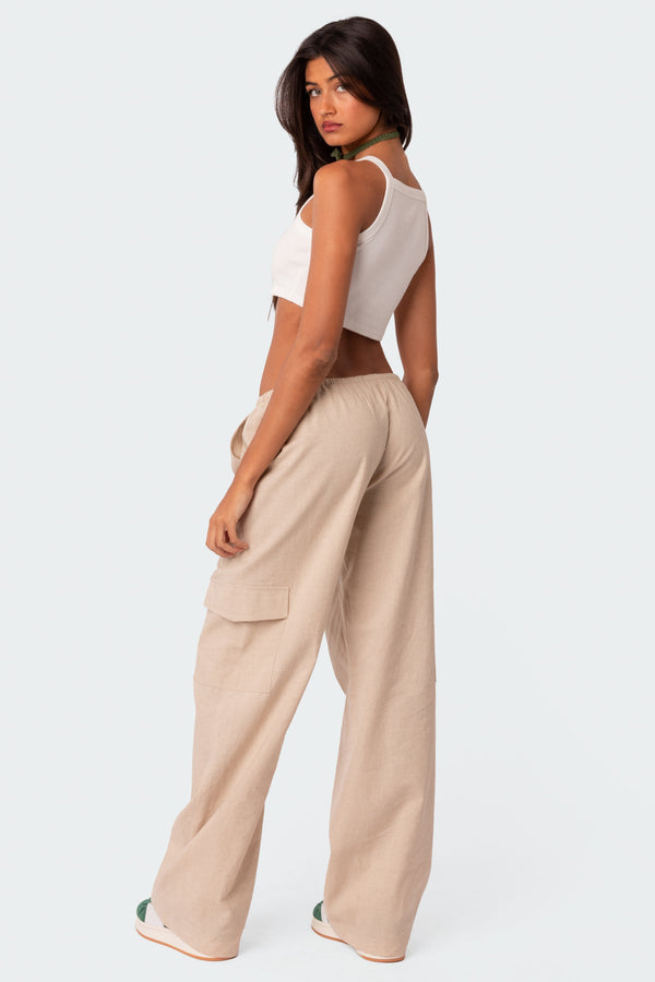 Edikted Lyric Linen Look Cargo Pants Beige