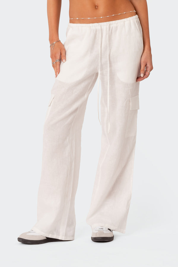Edikted Lyric Linen Look Cargo Pants White
