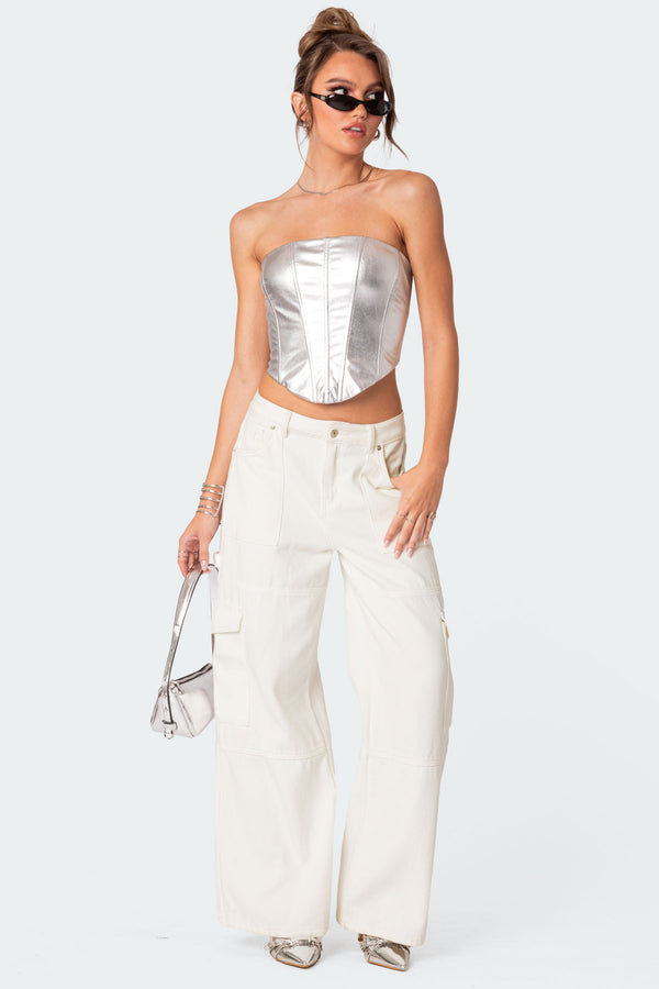 Edikted Mabel Metallic Faux Leather Corset Silver