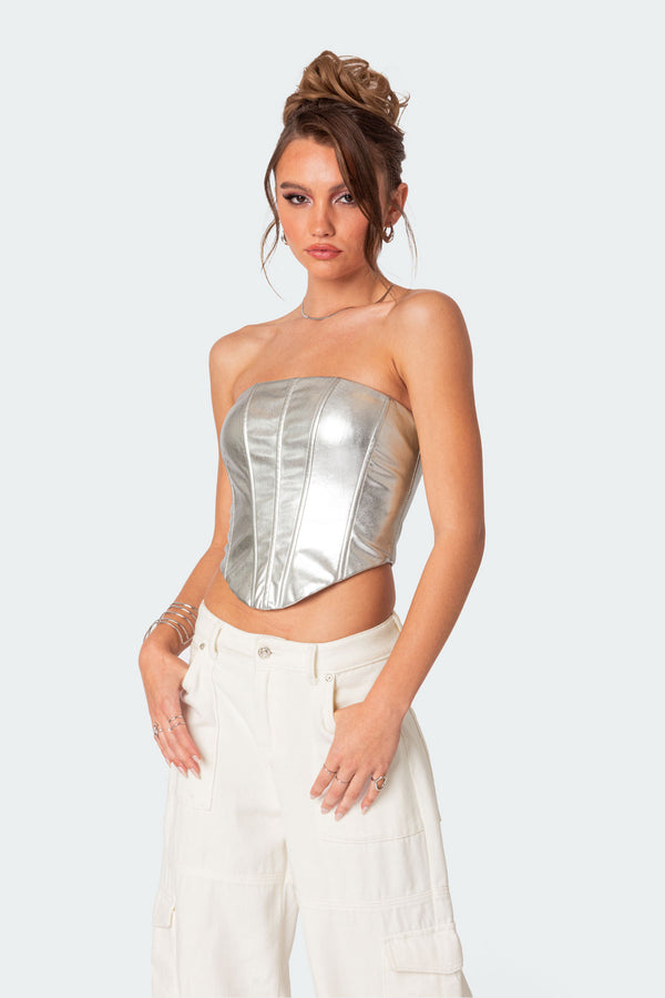 Edikted Mabel Metallic Faux Leather Corset Silver