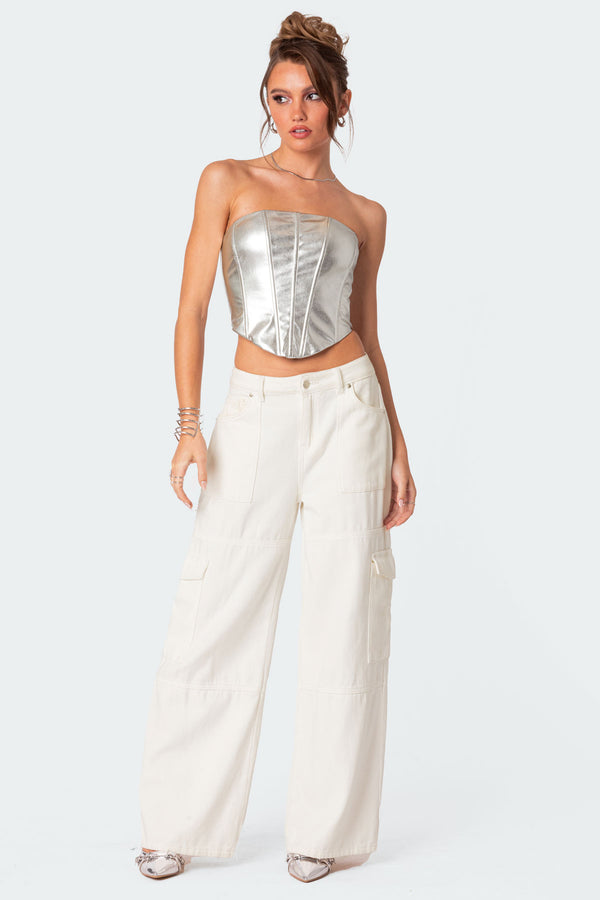 Edikted Mabel Metallic Faux Leather Corset Silver