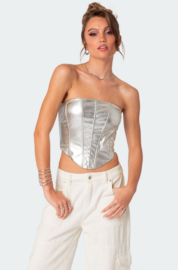 edikted Mabel Metallic Faux Leather Corset silver