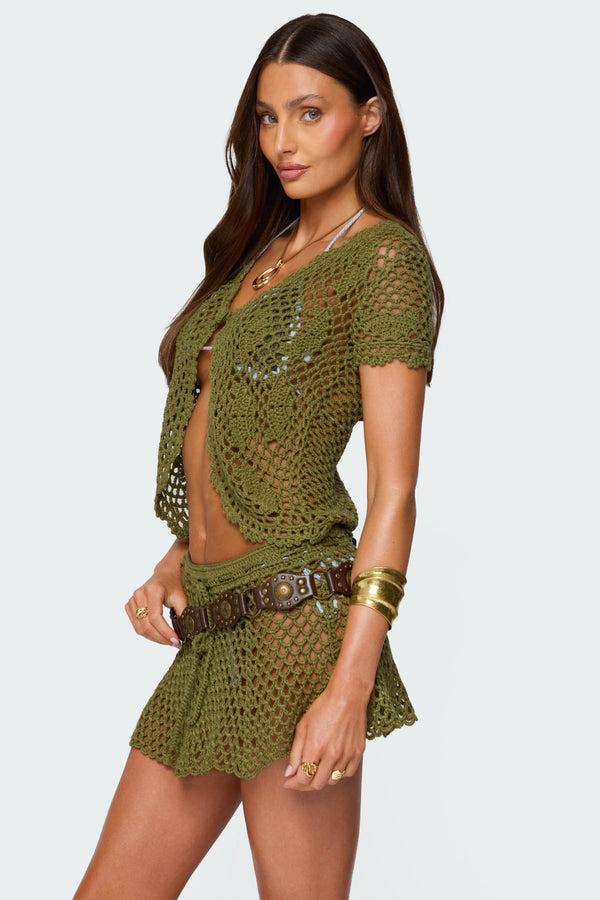 Edikted Mabelle Crochet Split Front Top Olive