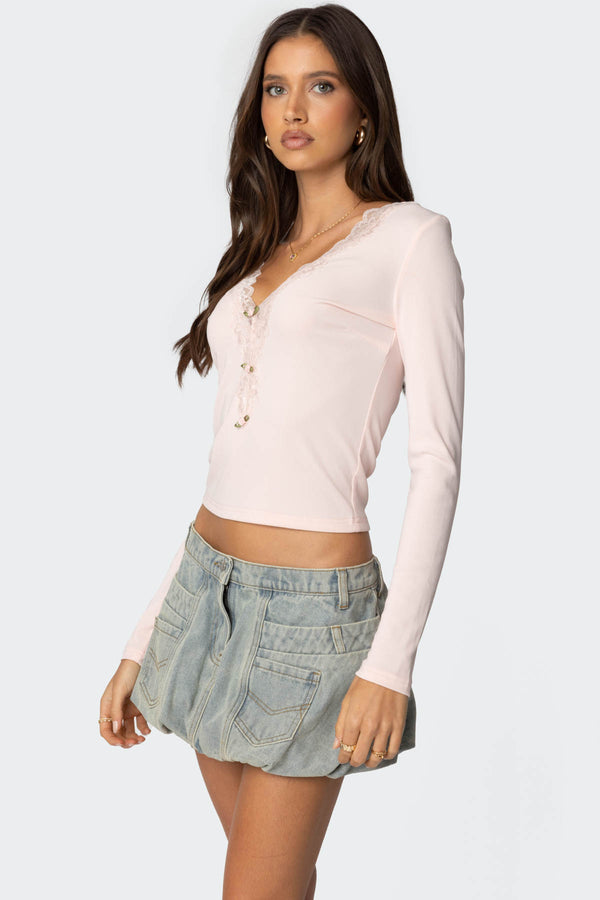 Edikted Madeline Lace Trim Ribbed Top Pink