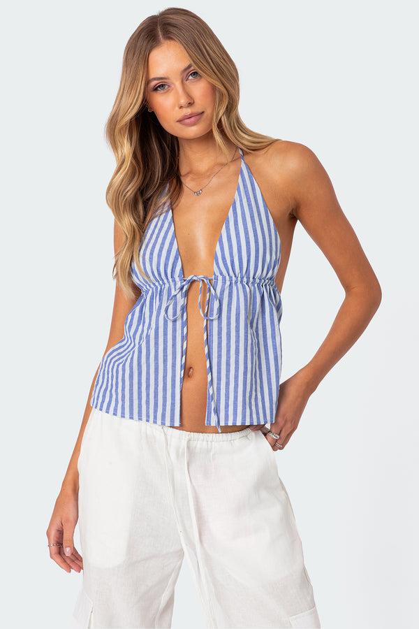 edikted Madelyn Tie Front Top blue and white