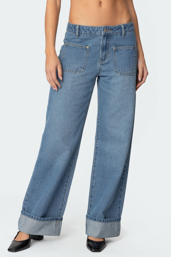 Edikted Madi Cuffed Low Rise Jeans Blue
