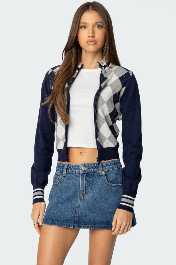 Edikted Madisen Argyle Knit Cardigan Navy
