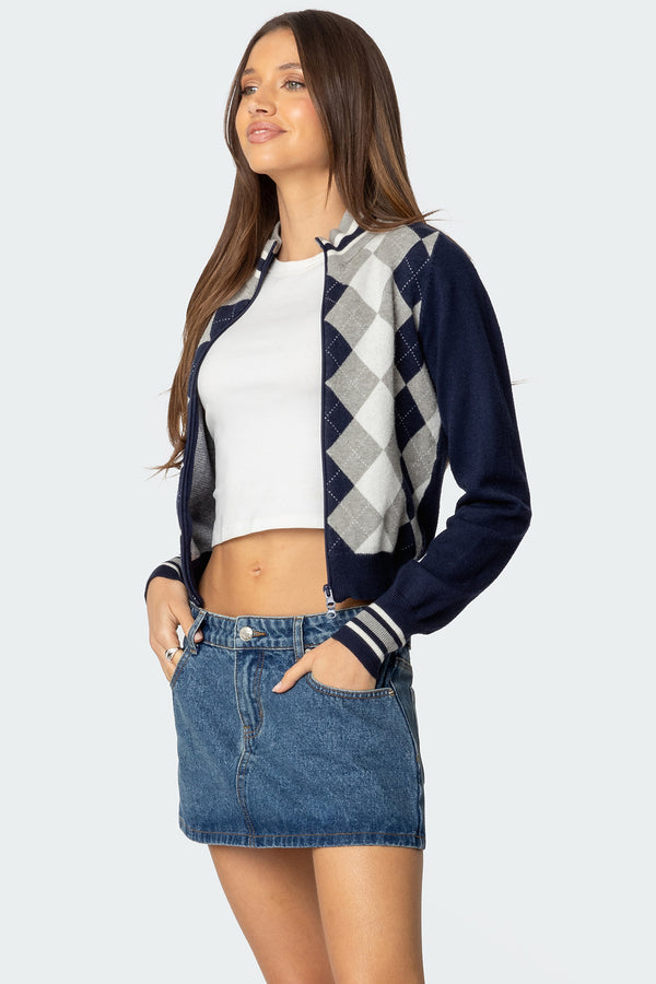 Edikted Madisen Argyle Knit Cardigan Navy