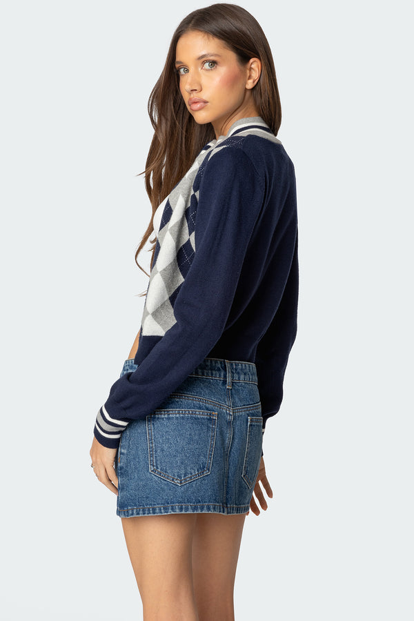 Edikted Madisen Argyle Knit Cardigan Navy