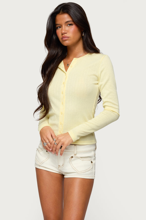 Edikted Maeva Button Up Pointelle Top Yellow