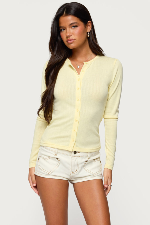 edikted Maeva Button Up Pointelle Top yellow