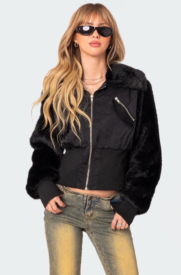 edikted Malliora Faux Fur Nylon Jacket black