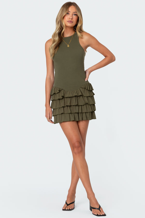 Edikted Margot Ruffle Hem Ribbed Mini Dress Olive