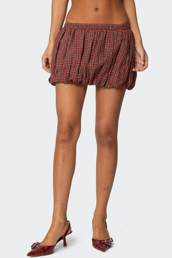 Edikted Marlene Plaid Bubble Mini Skirt Red
