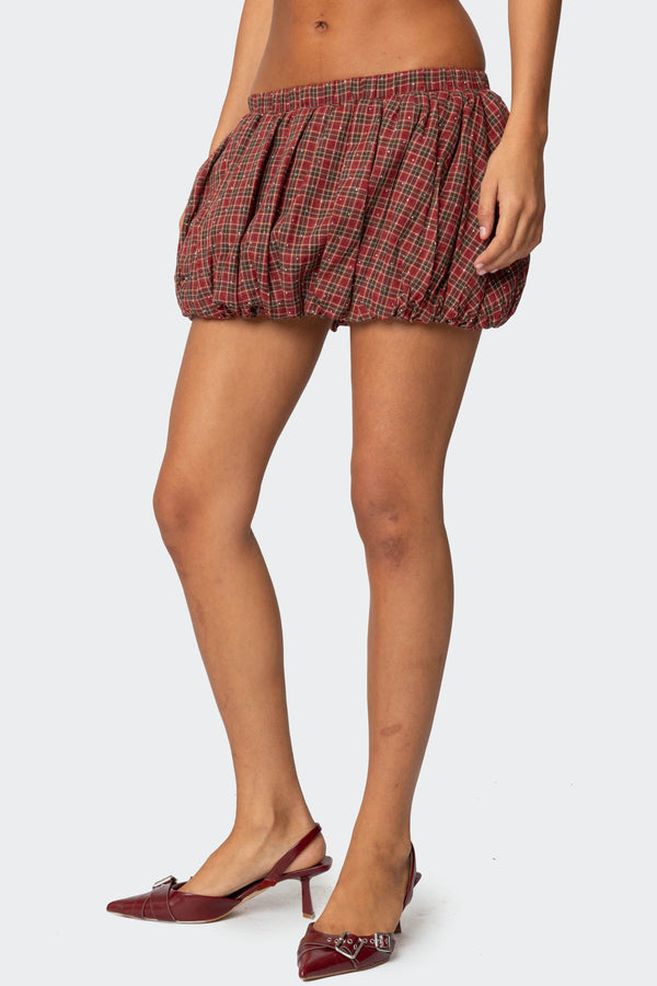 Edikted Marlene Plaid Bubble Mini Skirt Red