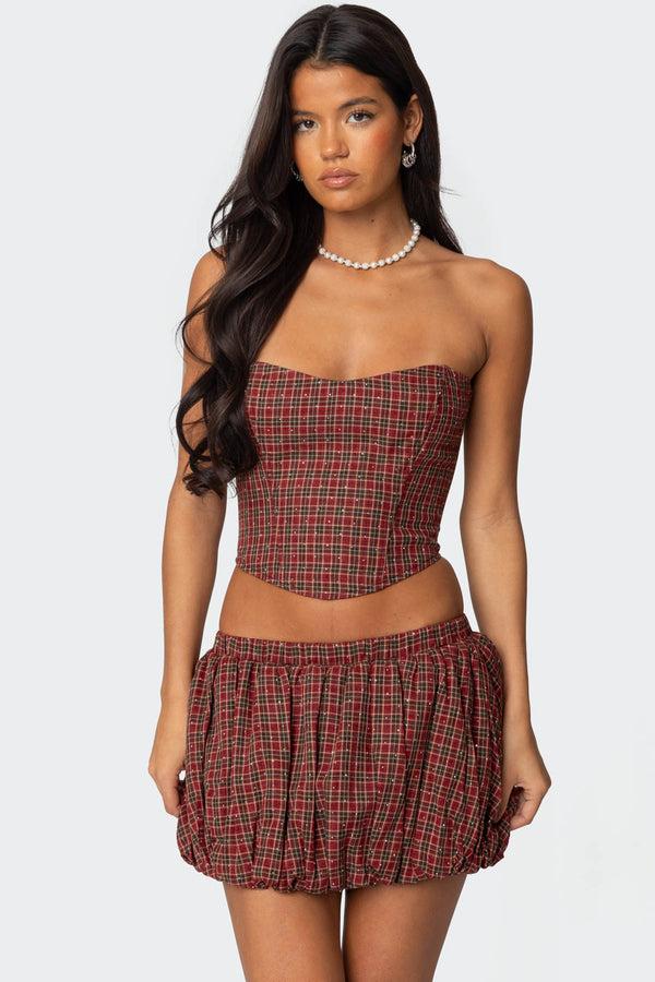 edikted Marlene Plaid Lace Up Corset red