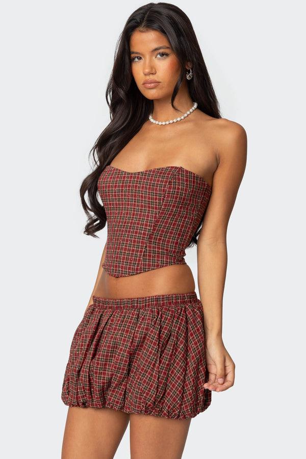 Edikted Marlene Plaid Lace Up Corset Red