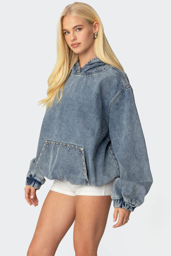 Edikted Marney Oversized Studded Denim Hoodie Blue